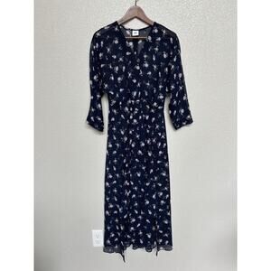 Cabi Dress Womens 6 Dream Midi Sheer Navy Blue Floral 3/4 Sleeve No Liner boho